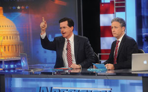 On their Comedy Central shows, comedians Stephen Colbert (left) and Jon Stewart (right) got many of their laughs by mocking what they saw as bias in reporting by the major news organizations.